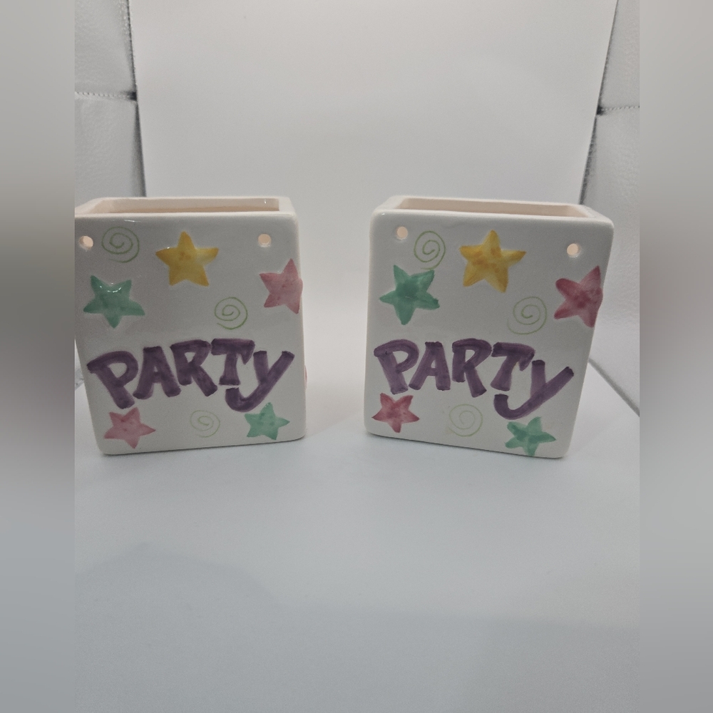 Set of 2 “Party” Ceramic Holders Balloon Stick Holder Utensil Caddy Party Decor